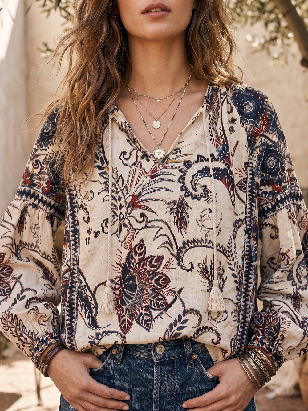 Lucky Brand Boho Peasant Blouse Floral Paisley Tassel Top Cottagecore Whimsigoth